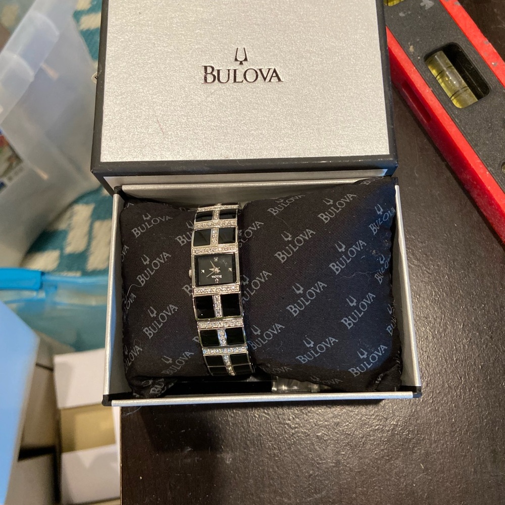 Bulova Black and Silver Men's Watch with Diamond Accents